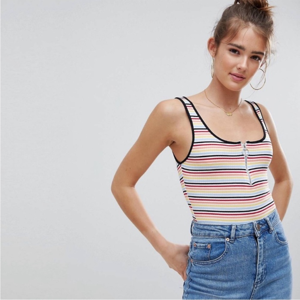 NWT RETRO ASOS multicolor zip front striped Bershka bodysuit! Size XS